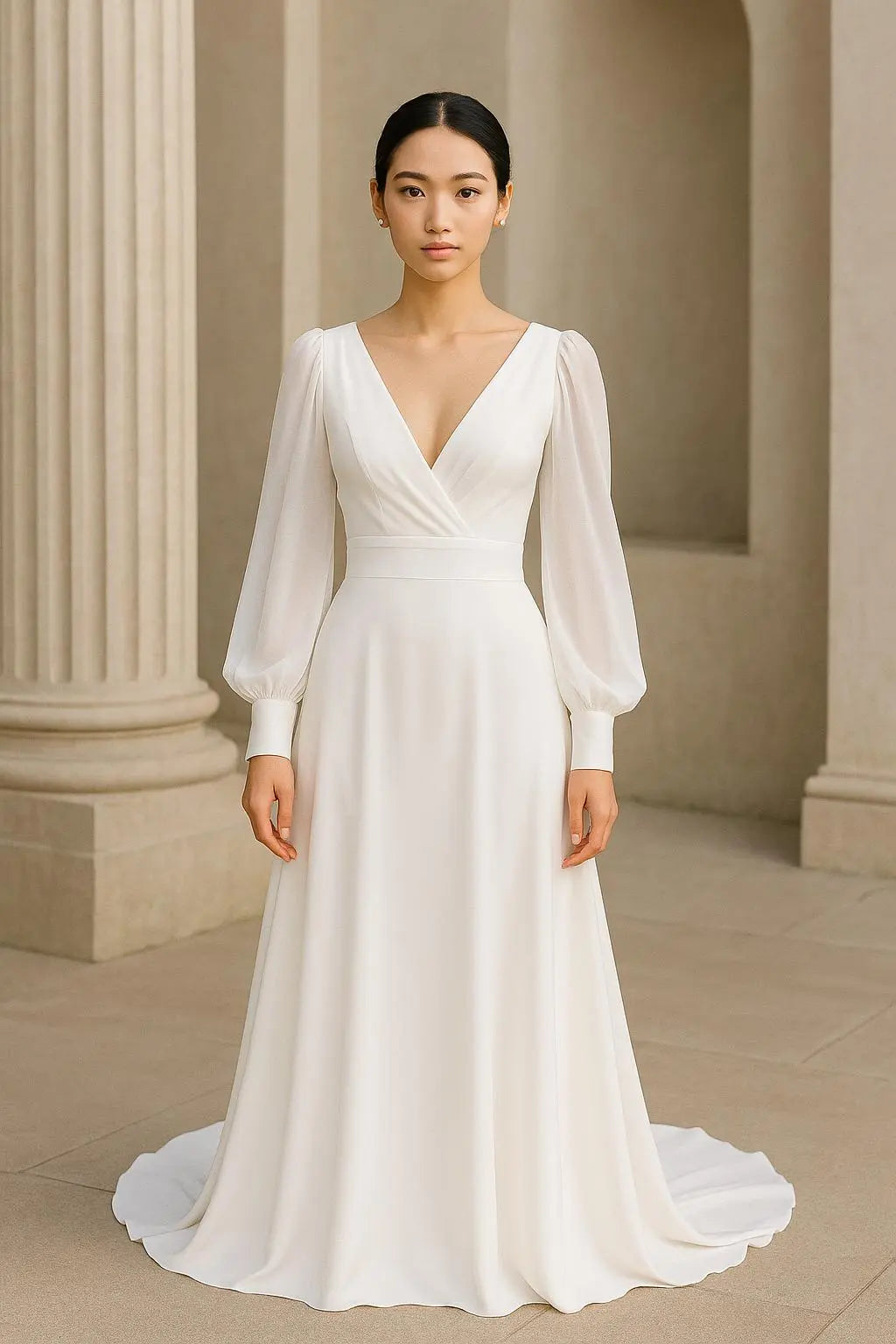 Flowing Long Sleeve V-Neck Wedding Dress – Boho Elegance Payton Bridal