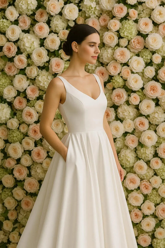 The Seraphine Wedding Dress – Satin V-Neck Bridal Gown with Pearl Button Train Payton Bridal