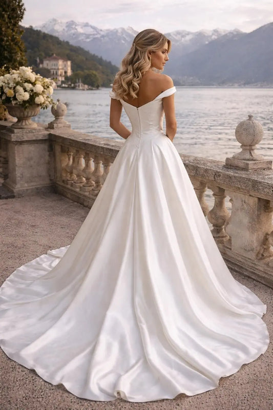Elegant Satin Wedding Dress with Basque Waist – Off the Shoulder Bridal Gown Payton Bridal