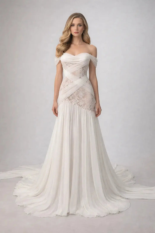 Illusion Lace & Draped Chiffon Wedding Dress Payton Bridal
