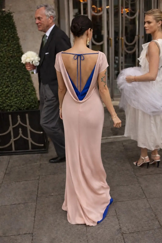 Blush Satin Backless Evening Dress with Draped Cowl Back & Contrast Blue Lining Payton Bridal