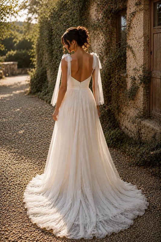 Romantic Tulle Wedding Dress with Sweetheart Bodice, Bow Shoulder Straps & A-Line Bridal Gown