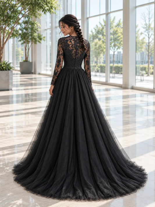 Black Floral Lace Wedding Dress with Long Sleeves Payton Bridal