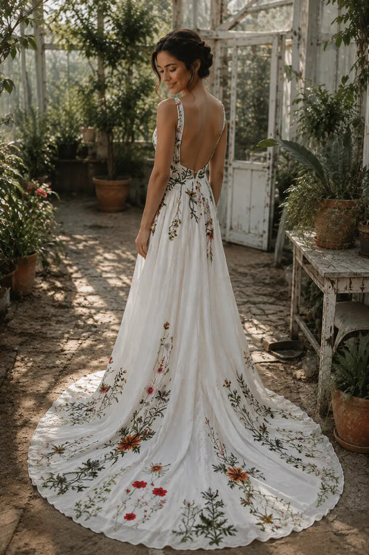 Floral Embroidered Wedding Dress with V Neckline and A Line Skirt