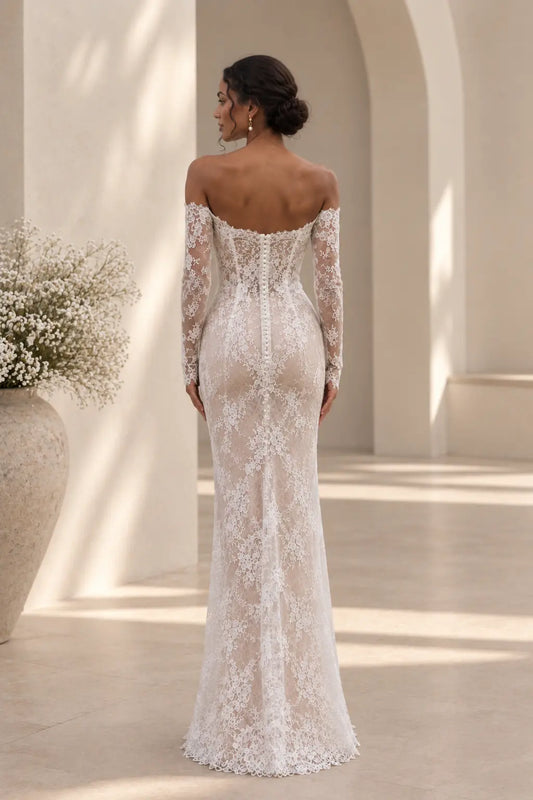 Off Shoulder Floral Lace Wedding Dress with Long Sleeves Payton Bridal