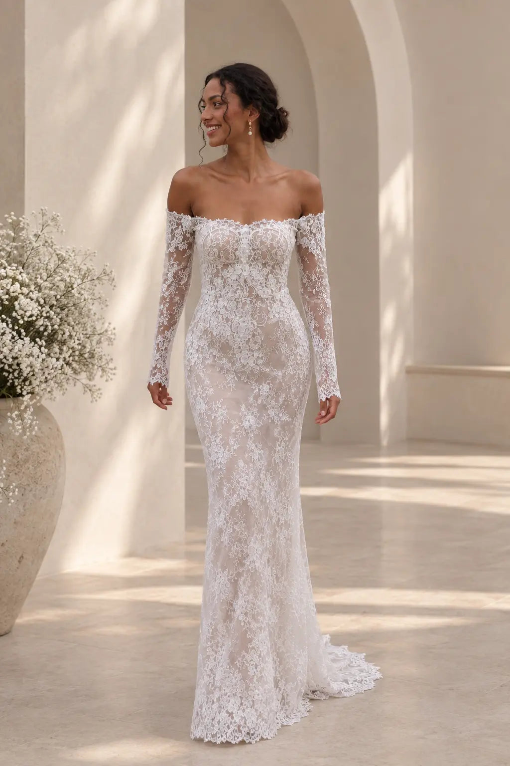 Off Shoulder Floral Lace Wedding Dress with Long Sleeves Payton Bridal