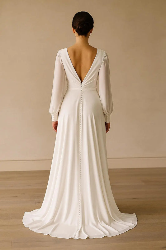 Flowing Long Sleeve V-Neck Wedding Dress – Boho Elegance Payton Bridal