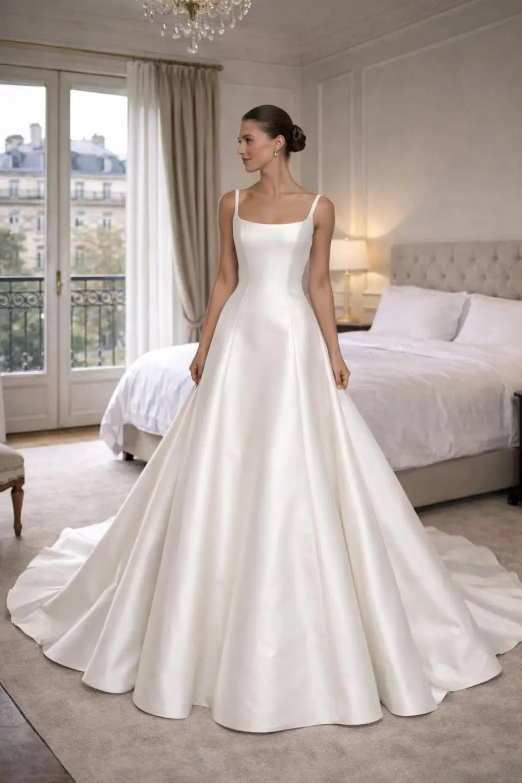 Structured Mikado Wedding Dress with Button Back – Architectural Ivory / Buttons to hem / 20