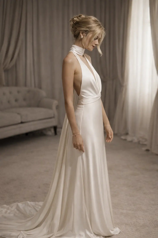 Ivory Satin Halter Wedding Dress with Open Back and Scarf Detail Payton Bridal
