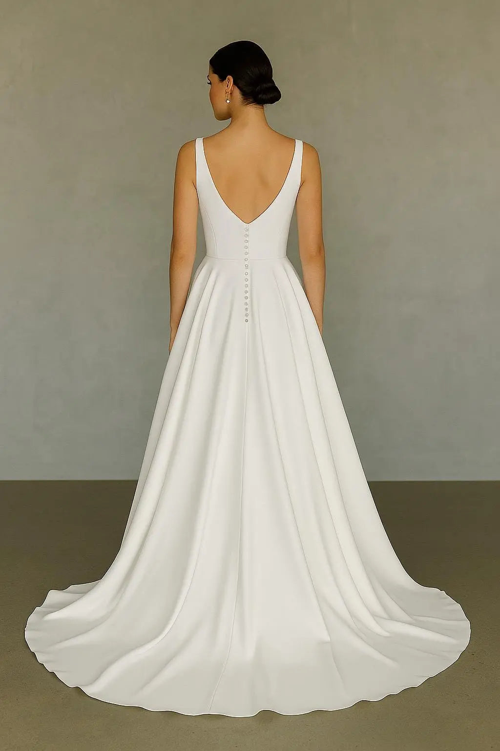 The Seraphine Wedding Dress – Satin V-Neck Bridal Gown with Pearl Button Train Payton Bridal