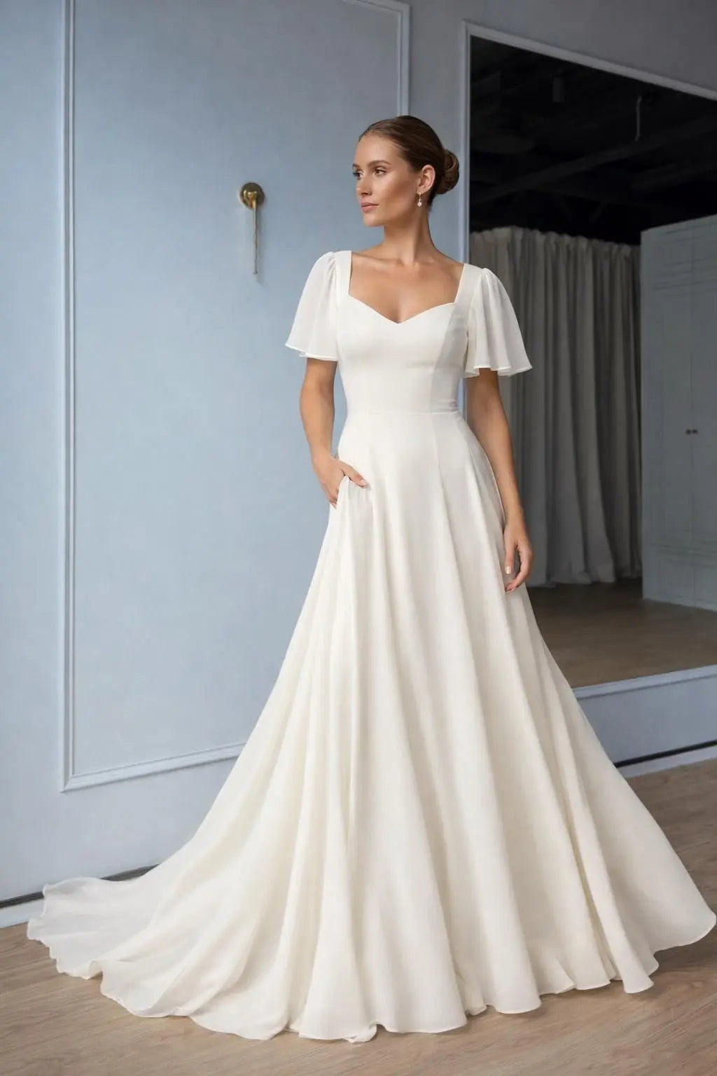 Ivory A-line wedding dress with flutter sleeves Payton Bridal