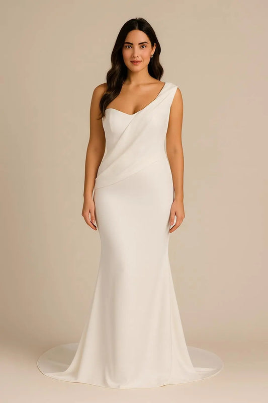 One-Shoulder Crepe and Chiffon Wedding Dress – Modern Minimalist Bridal Gown Payton Bridal