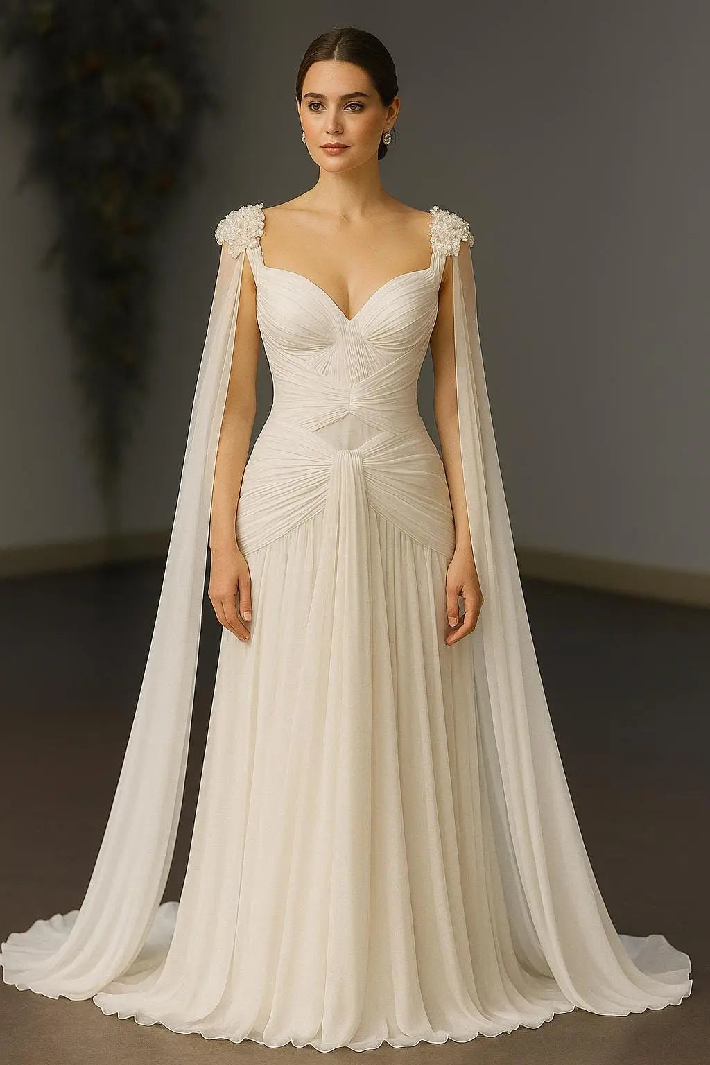 Ethereal Chiffon Wedding Dress with Detachable Cape Sleeves Payton Bridal