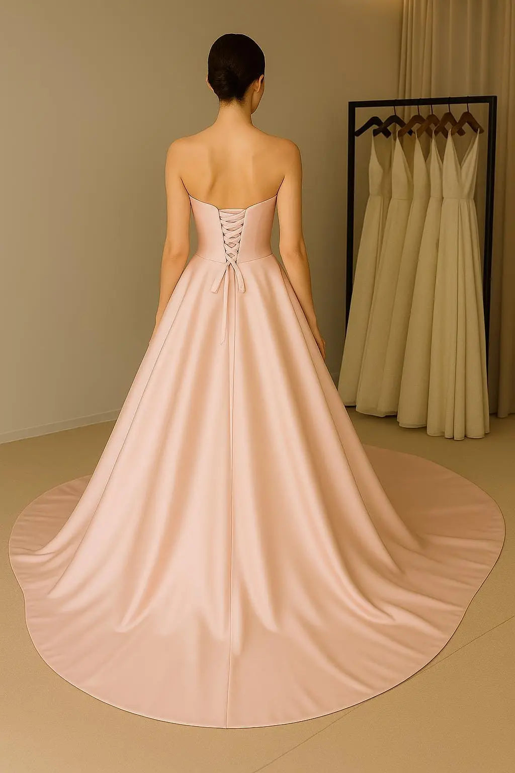 Blush Satin A-Line Wedding Gown with Cascading Lace Appliqué Payton Bridal