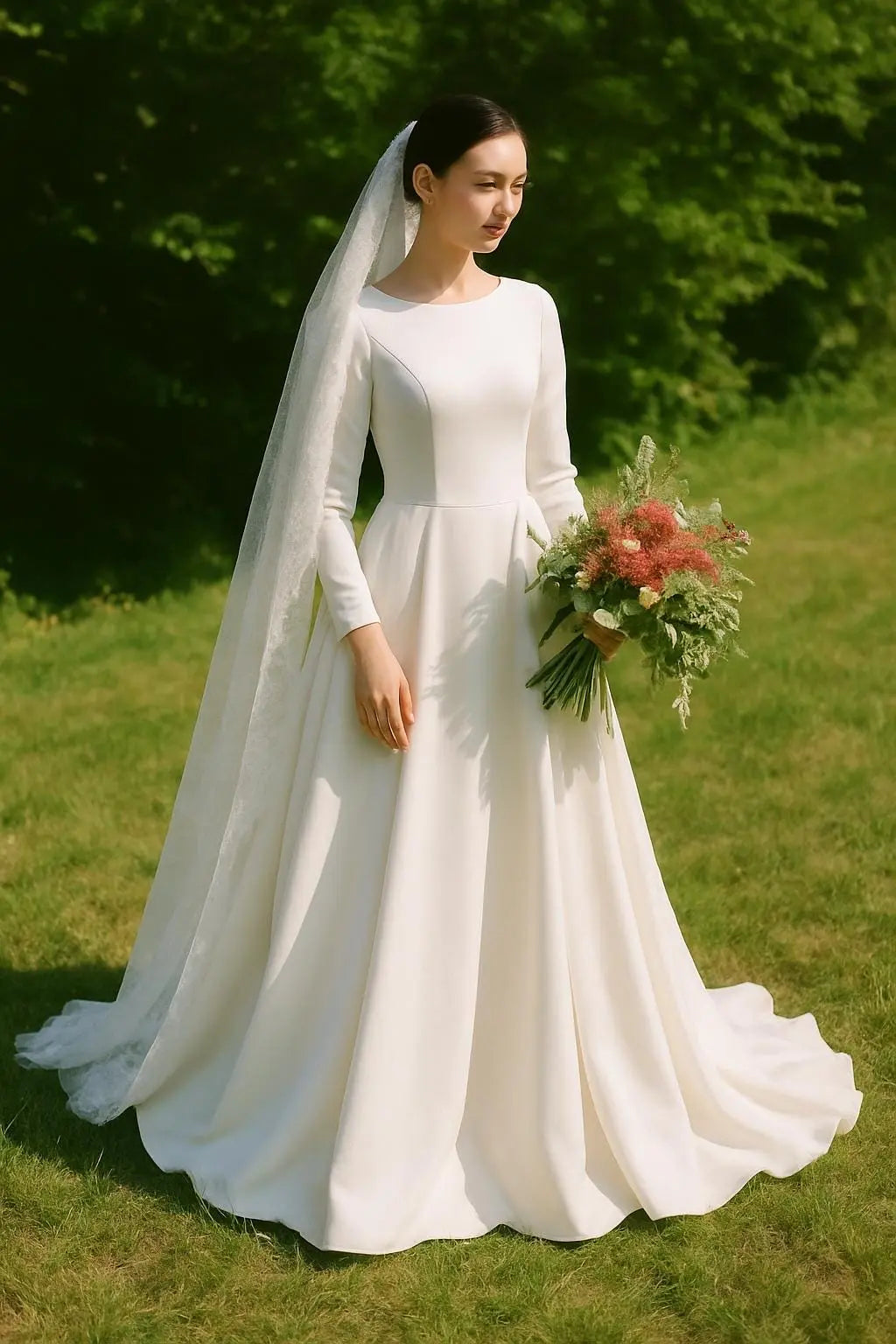 The Anastasia – Long Sleeve Satin Wedding Dress with Full Skirt Payton Bridal