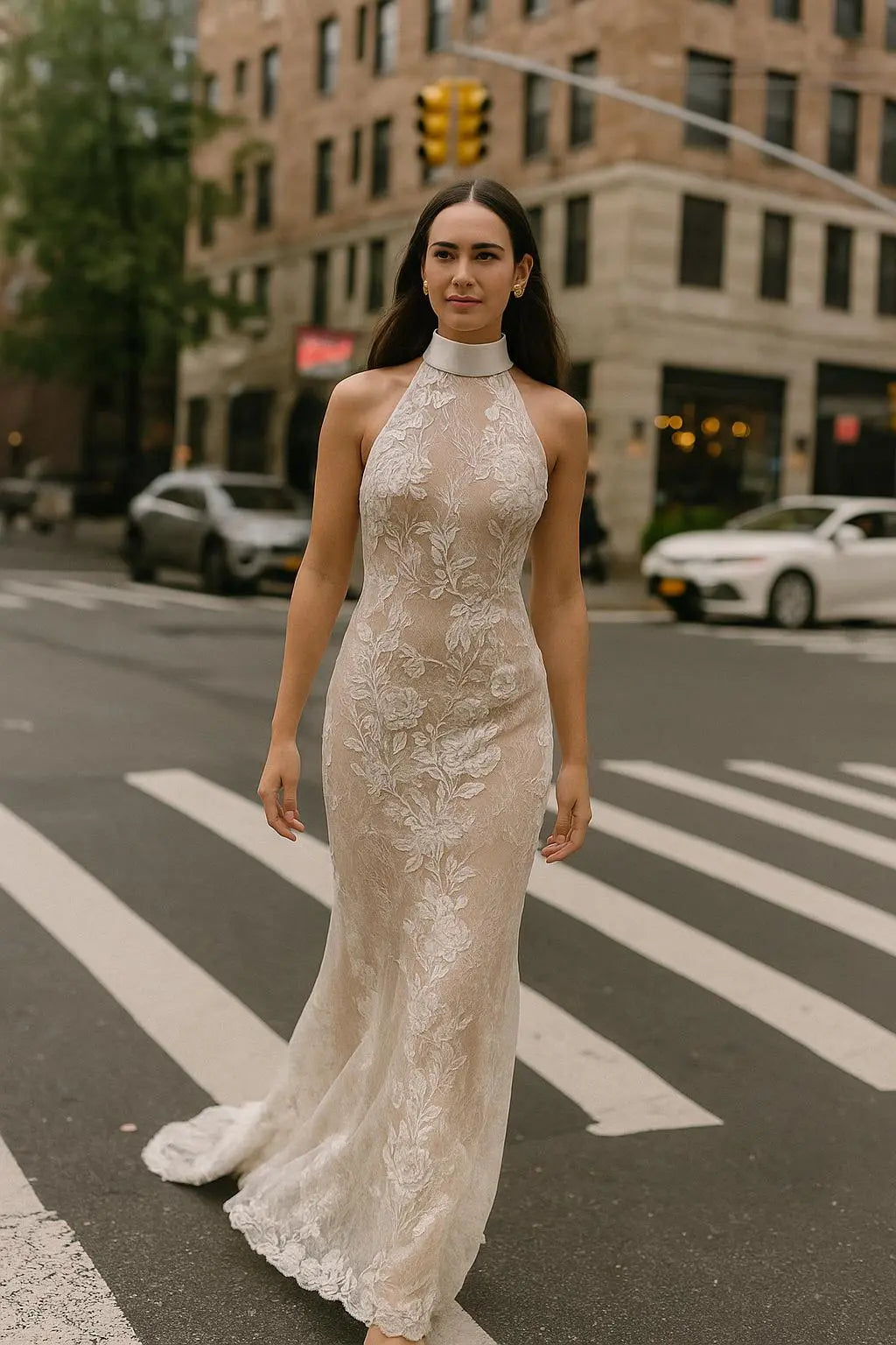 The Sylvie Gown - Floral Lace Halter Wedding Gown with Train Payton Bridal