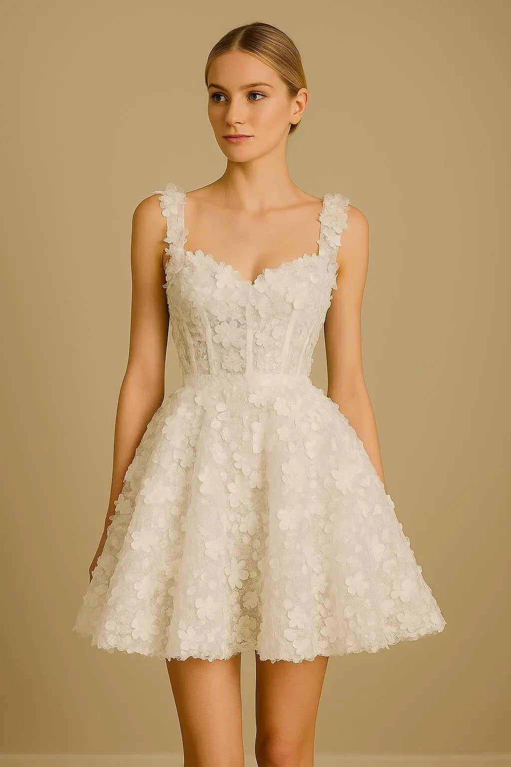 Floral Appliqué Mini Dress: Corset Bodice, Lace-Up Back Payton Bridal