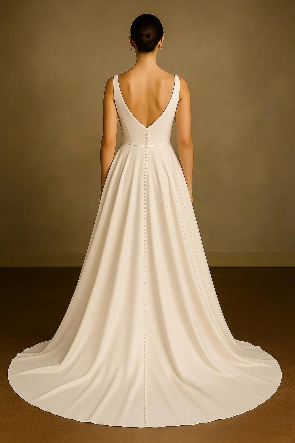 The Seraphine Wedding Dress – Satin V-Neck Bridal Gown with Pearl Button Train Payton Bridal