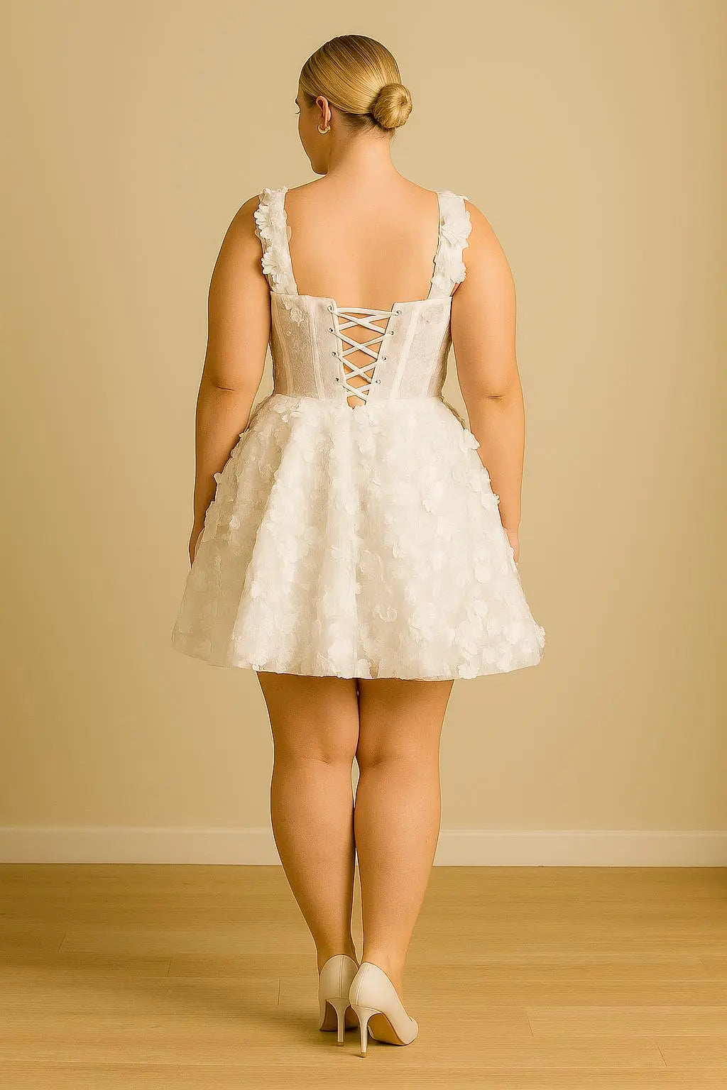 Floral Appliqué Mini Dress: Corset Bodice, Lace-Up Back