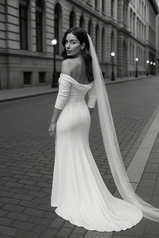 Off-the-Shoulder Ruched Wedding Gown | Modern Vintage Bridal Dress Payton Bridal
