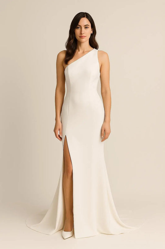 Elegant One-Shoulder Crepe Wedding Dress – Modern Minimalist Bridal Gown Payton Bridal