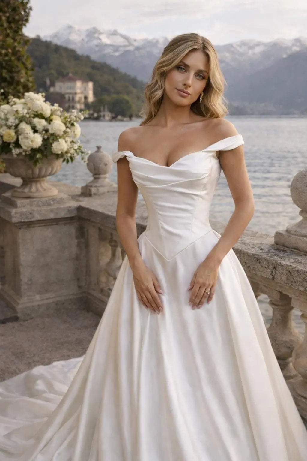 Elegant Satin Wedding Dress with Basque Waist – Off the Shoulder Bridal Gown Payton Bridal