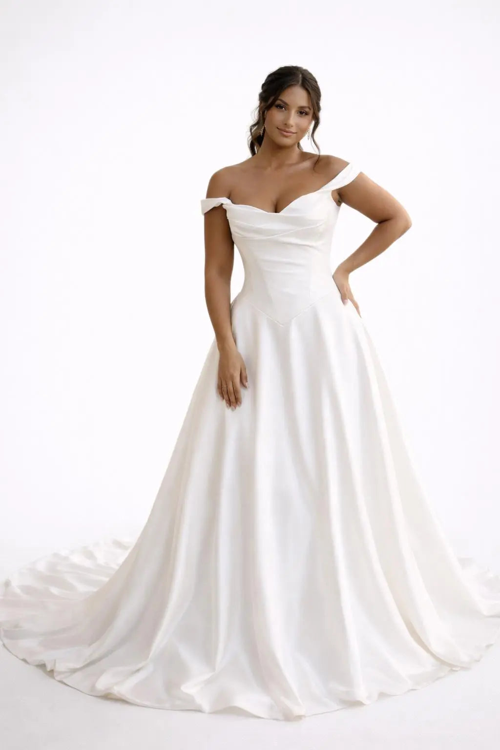 Elegant Satin Wedding Dress with Basque Waist – Off the Shoulder Bridal Gown Payton Bridal