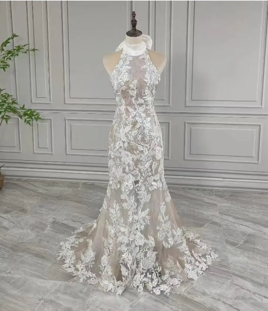 The Sylvie Gown - Floral Lace Halter Wedding Gown with Train Payton Bridal