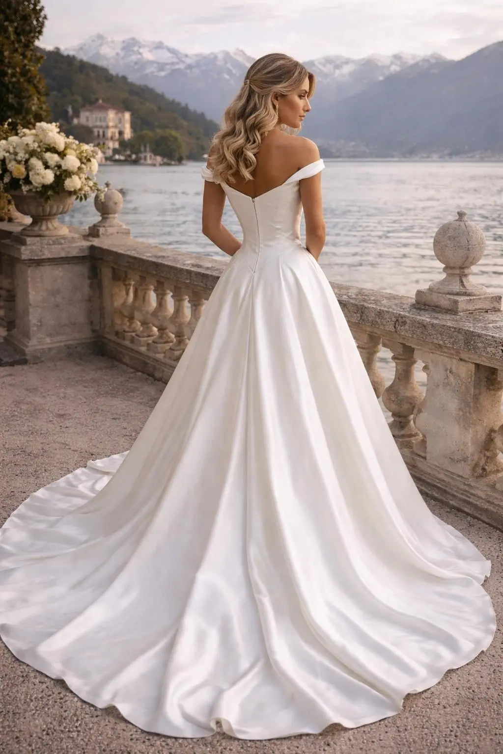 Elegant Satin Wedding Dress with Basque Waist – Off the Shoulder Bridal Gown Payton Bridal