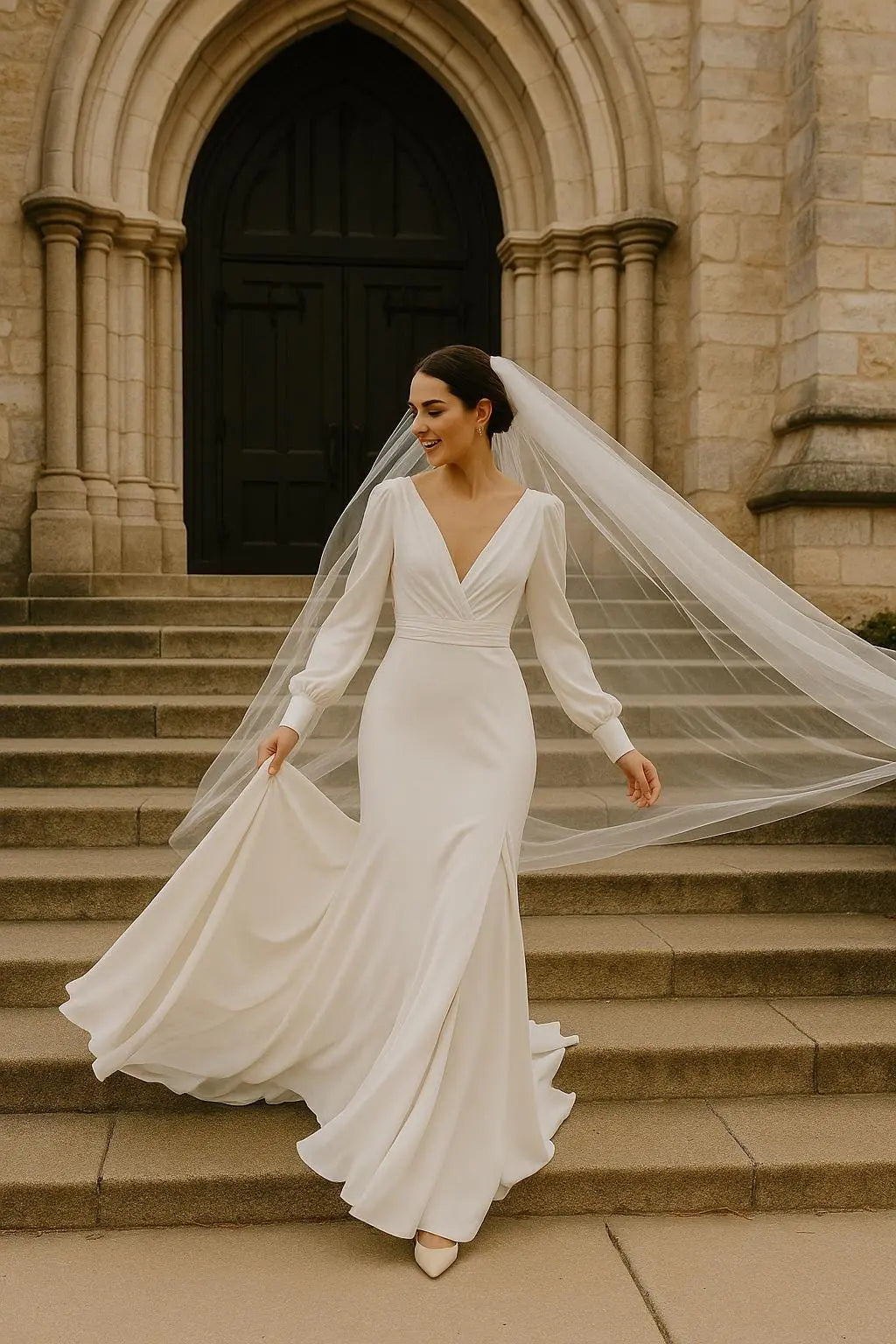 Flowing Long Sleeve V-Neck Wedding Dress – Boho Elegance Payton Bridal