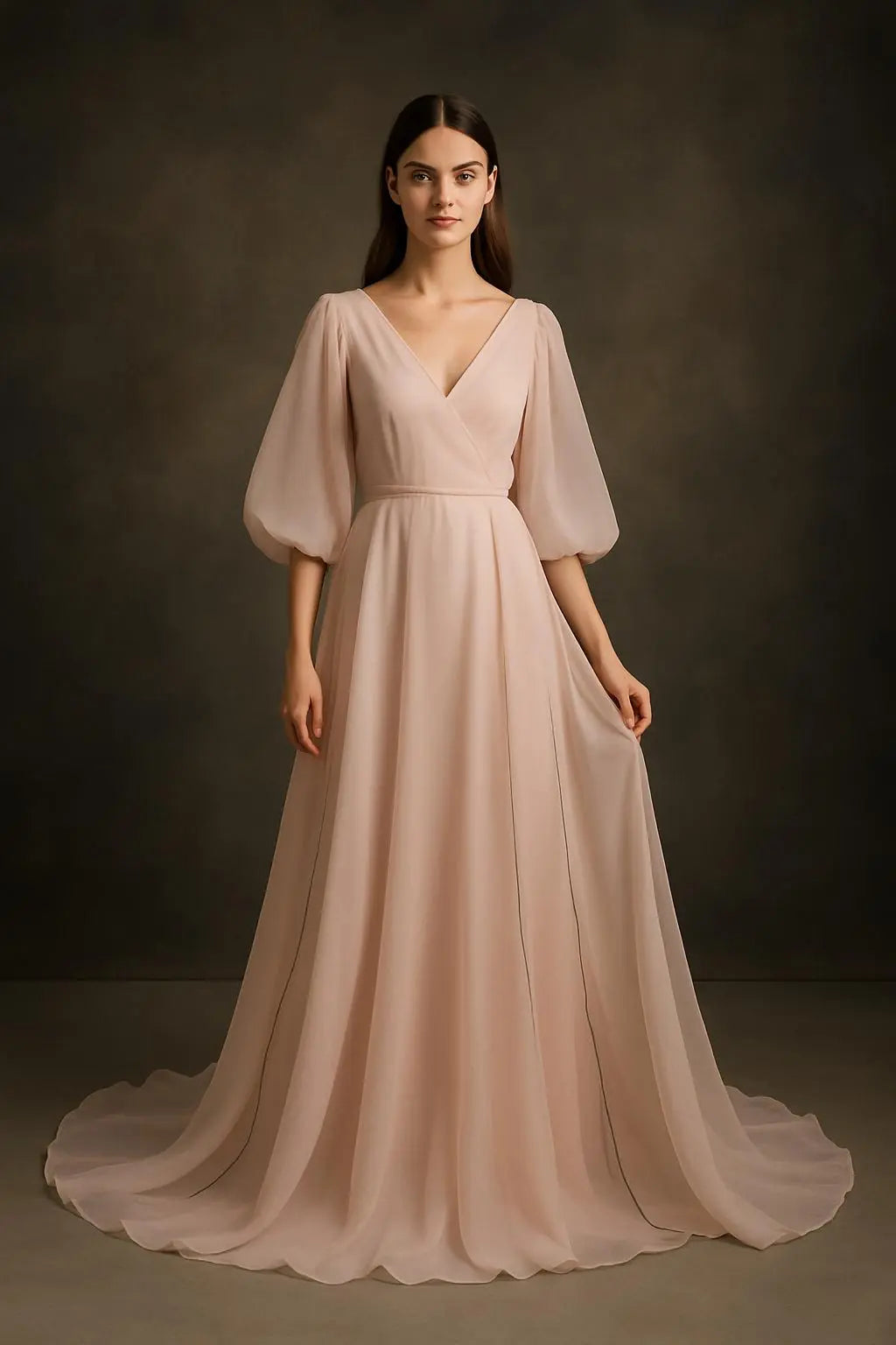 Blush Organza Meadow Gown: Ethereal Wedding Dress, Fluted Sleeves Payton Bridal