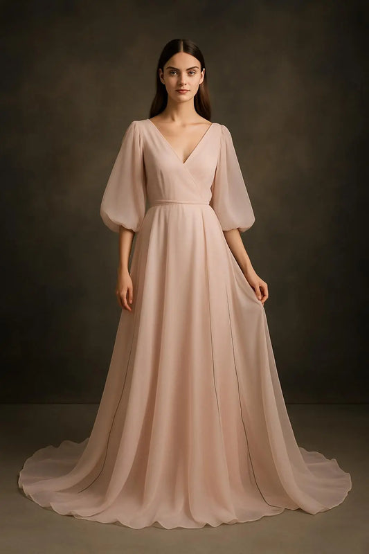 Blush Organza Meadow Gown: Ethereal Wedding Dress, Fluted Sleeves Payton Bridal