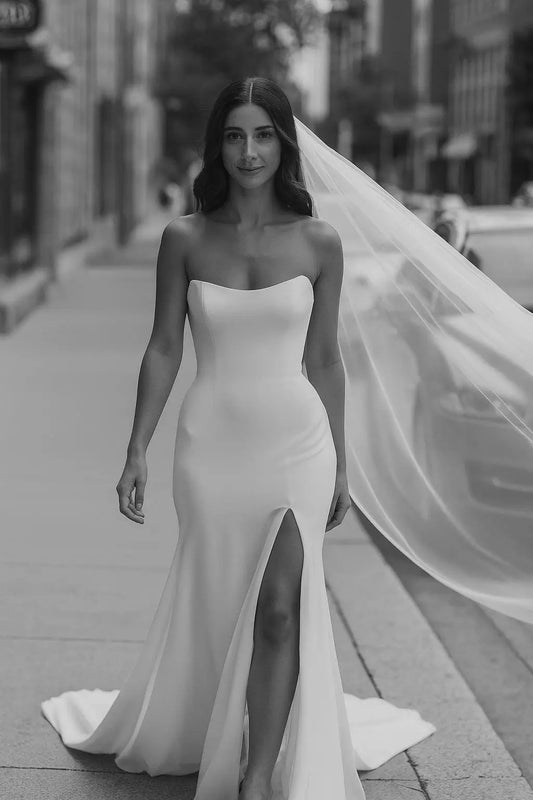 Modern Strapless Wedding Dress in Stretch Crepe with Side Slit Payton Bridal