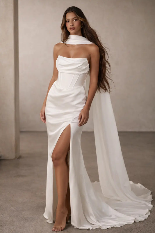 Draped Satin Corset Wedding Dress with Split - Payton Bridal