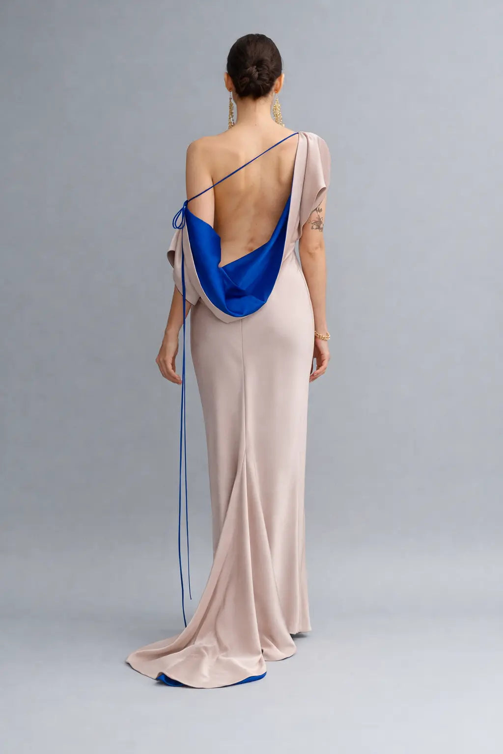 Blush Satin Backless Evening Dress with Draped Cowl Back & Contrast Blue Lining Payton Bridal