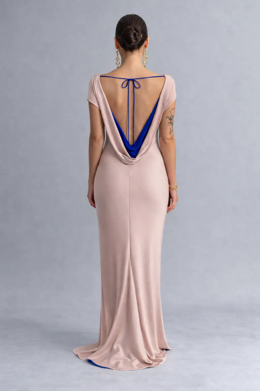 Blush Satin Backless Evening Dress with Draped Cowl Back & Contrast Blue Lining Payton Bridal