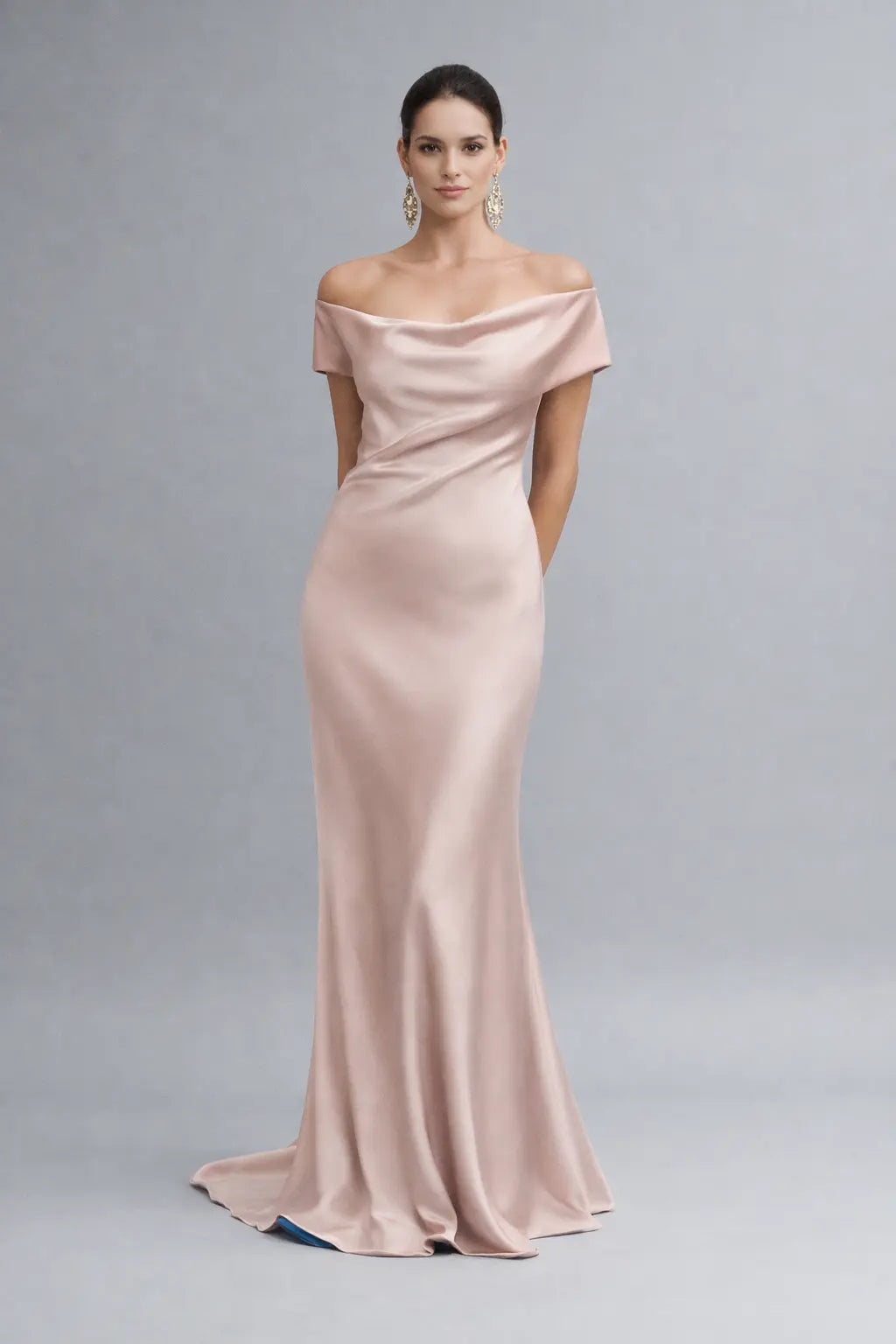 Blush Satin Backless Evening Dress with Draped Cowl Back & Contrast Blue Lining Payton Bridal