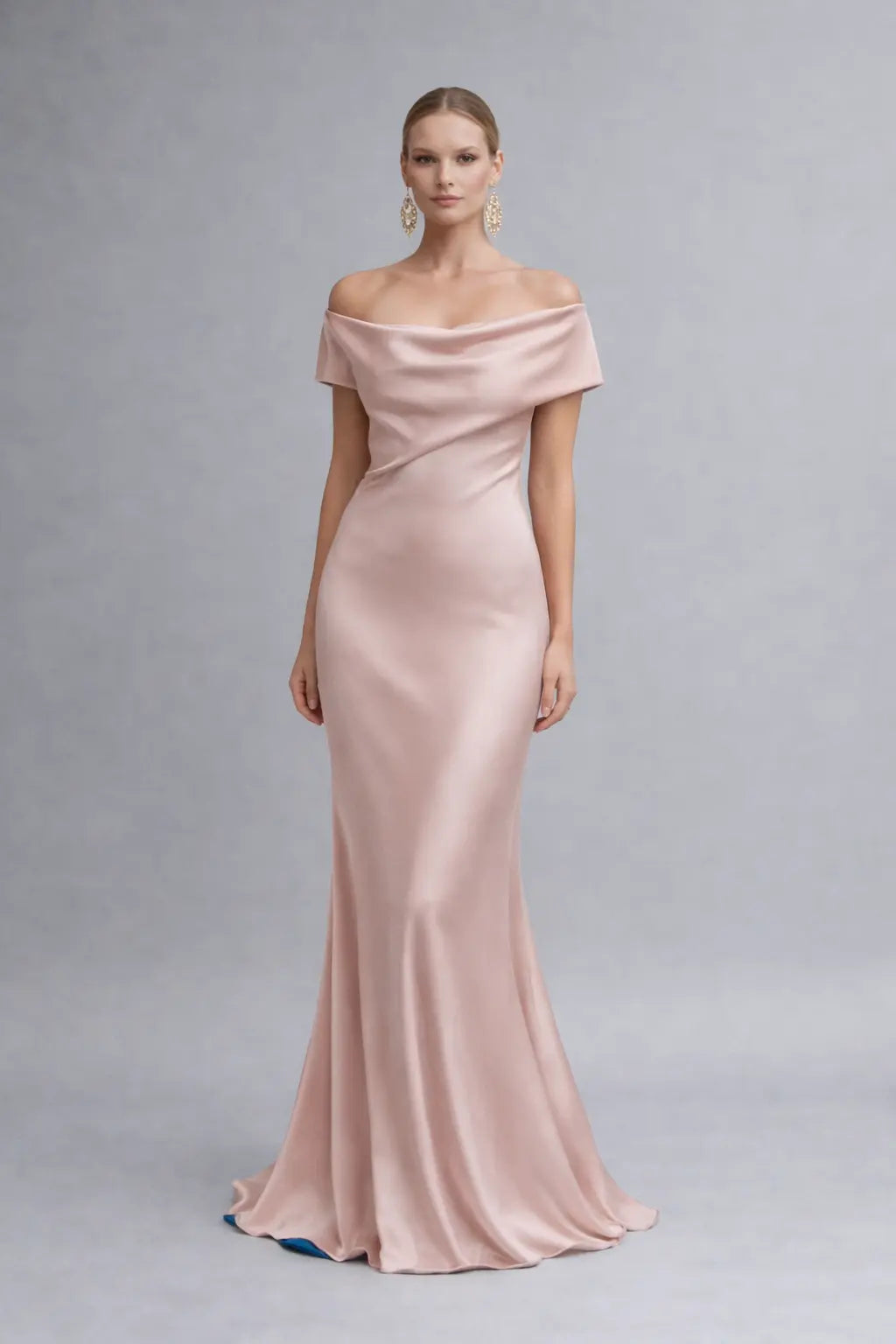 Blush Satin Backless Evening Dress with Draped Cowl Back & Contrast Blue Lining Payton Bridal