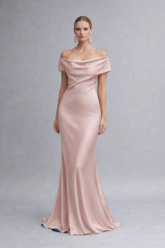 Blush Satin Backless Evening Dress with Draped Cowl Back & Contrast Blue Lining Payton Bridal