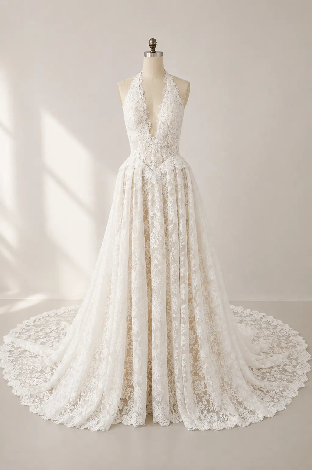 Lace Halter Wedding Dress with Open Back and Full A-Line Skirt Payton Bridal