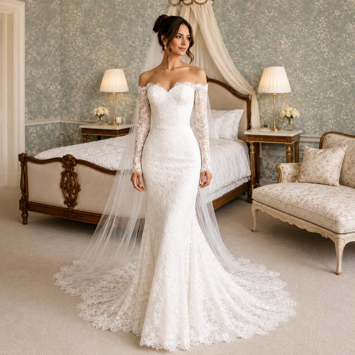 Off Shoulder Lace Wedding Dress with Sleeves – Fitted Romantic Bridal Gown Payton Bridal