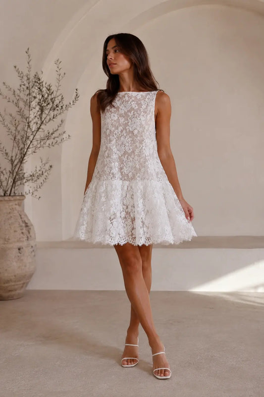 Floral Lace Mini Wedding Dress with Deep V Back Payton Bridal
