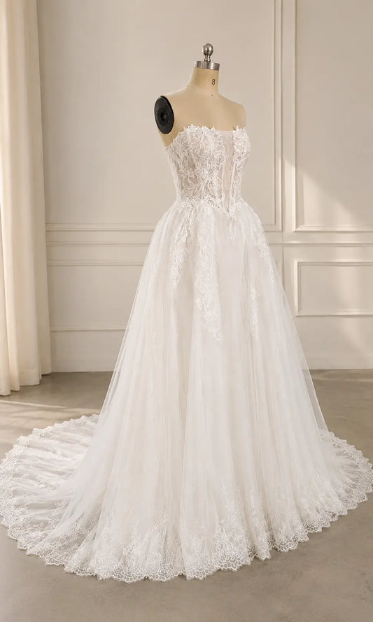 Strapless Lace Corset Wedding Dress with Soft Tulle A-Line Skirt Payton Bridal