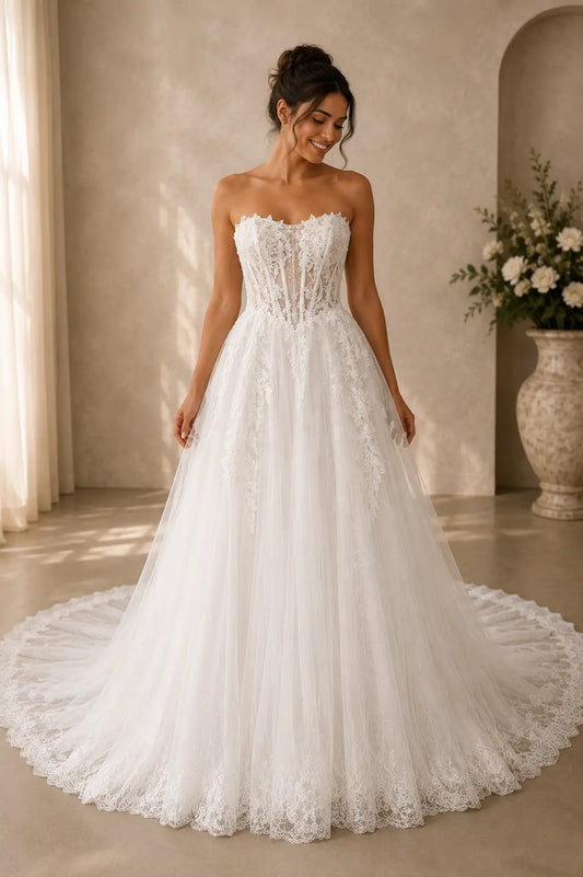 Strapless Lace Corset Wedding Dress with Soft Tulle A-Line Skirt Payton Bridal