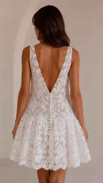 Floral Lace Mini Wedding Dress with Deep V Back Payton Bridal