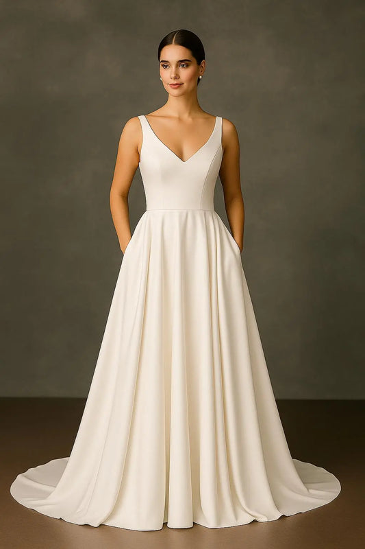 The Seraphine Wedding Dress – Satin V-Neck Bridal Gown with Pearl Button Train Payton Bridal