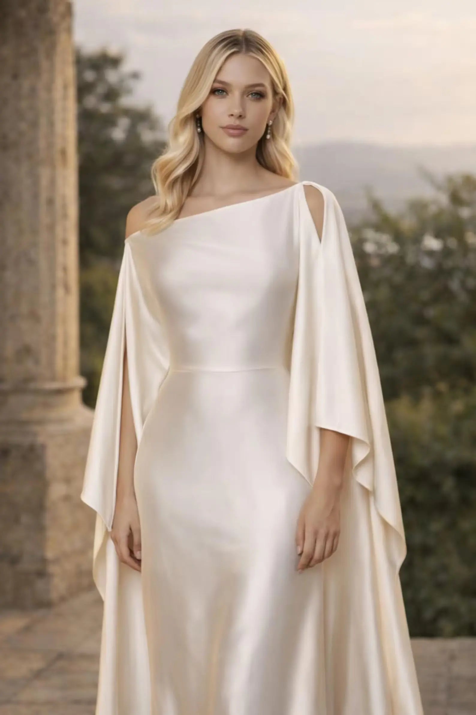 Asymmetrical Satin Wedding Dress with Draped Cape Sleeves Payton Bridal