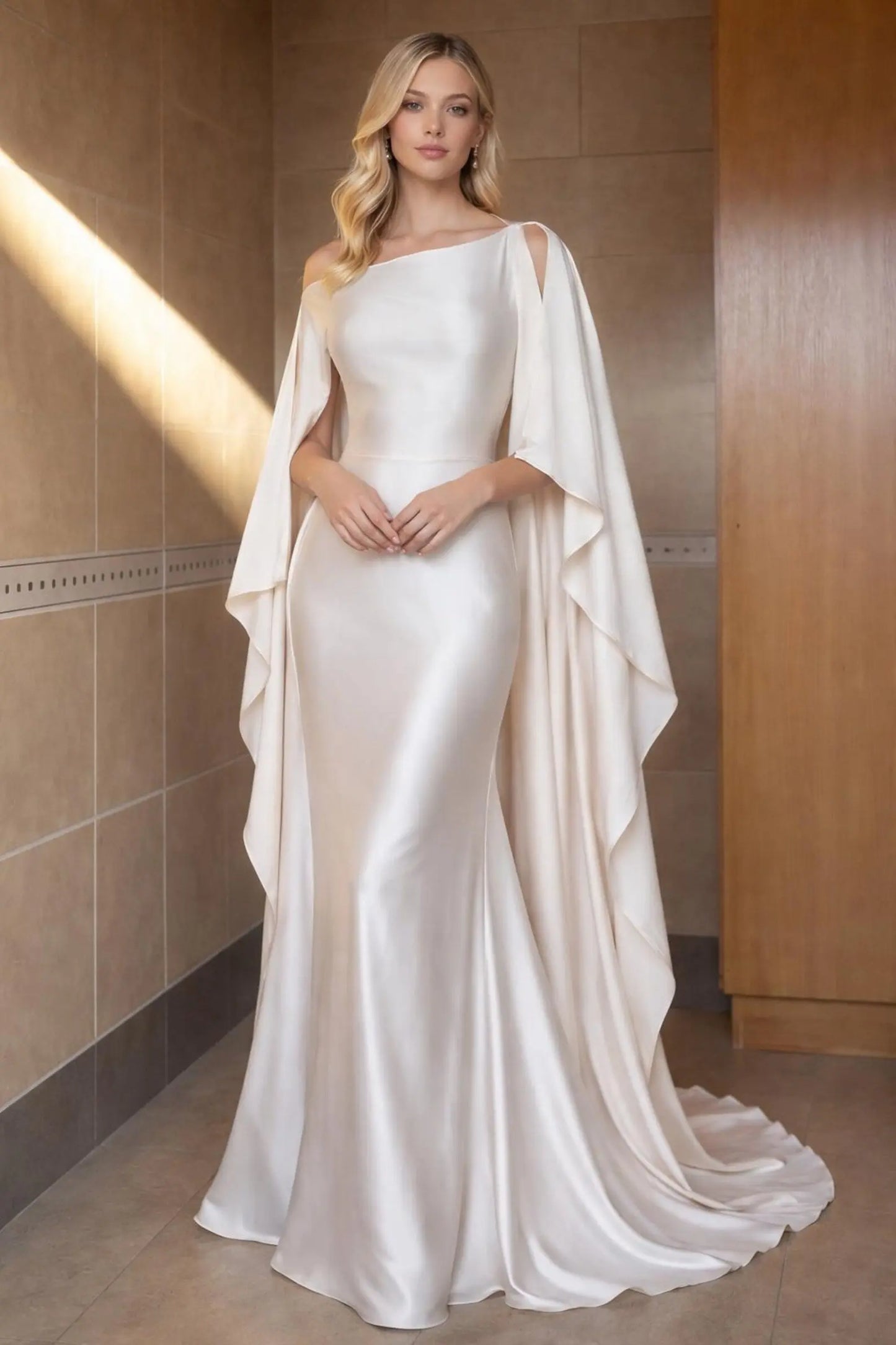 Asymmetrical Satin Wedding Dress with Draped Cape Sleeves Payton Bridal