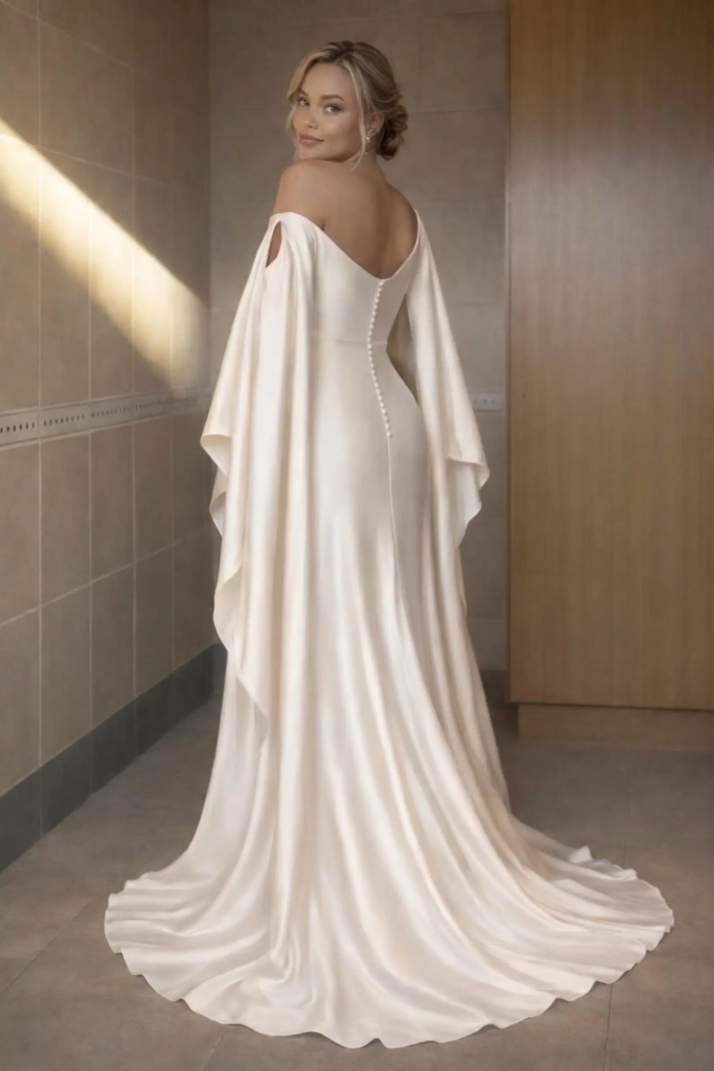 Asymmetrical Satin Wedding Dress with Draped Cape Sleeves Payton Bridal