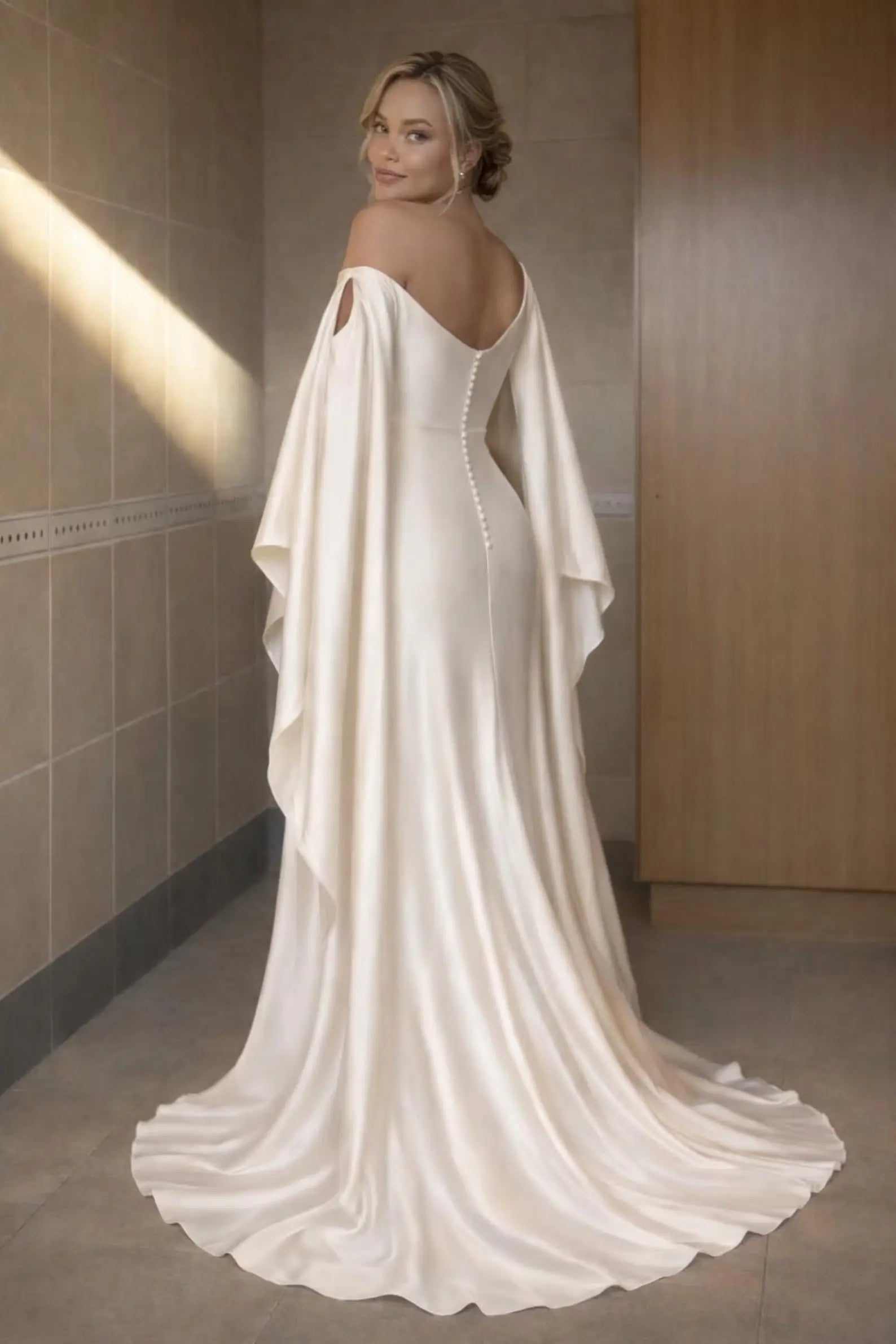 Asymmetrical Satin Wedding Dress with Draped Cape Sleeves Payton Bridal